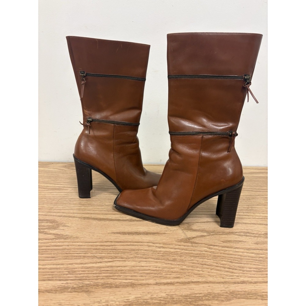 Y2K Vintage BCBG Brown Zippered Mid  Calf Square Toe Block Heel Boots Sz 6.5